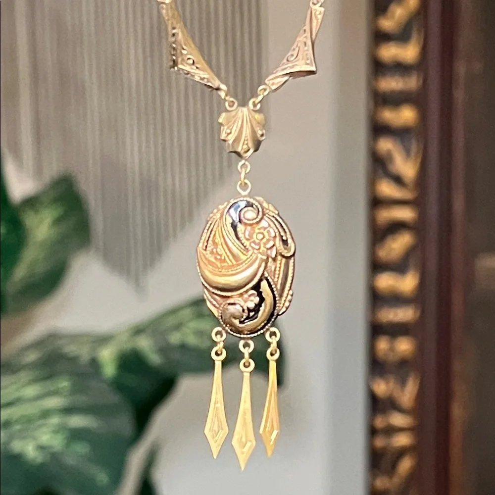Antique 12k Gold Filled Black Taille d’Epargné Enamel Tassel Pendant Necklace